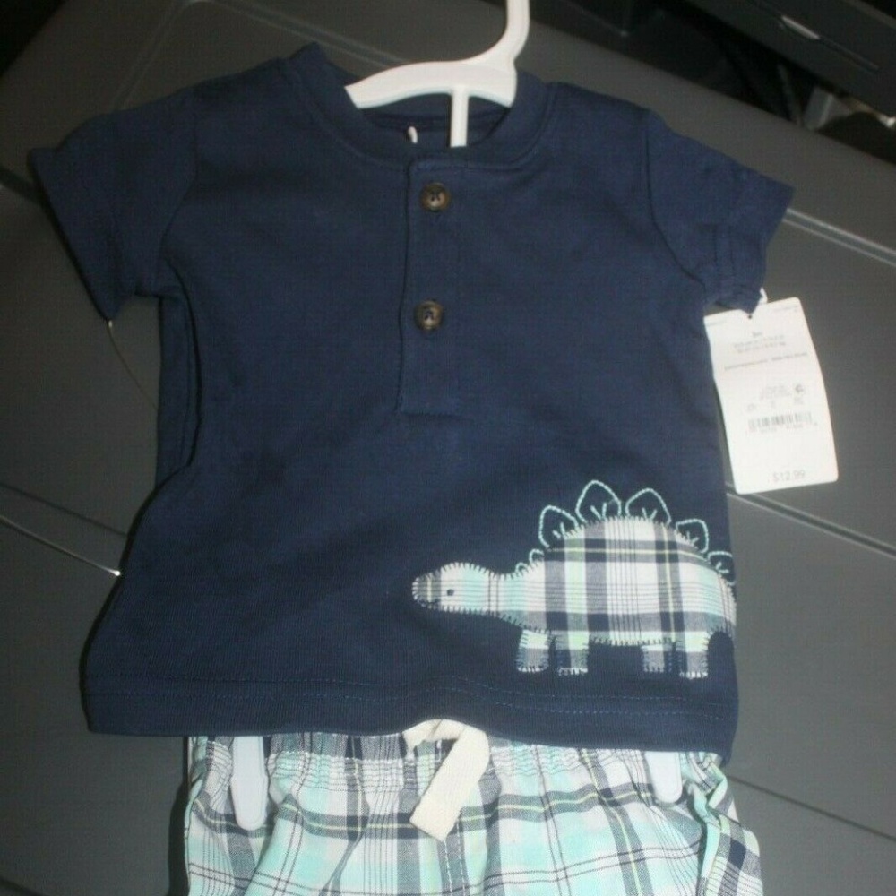 CARTER'S Just One You Infant Boys Short Set Navy blue plaid 100% cotton 3M New